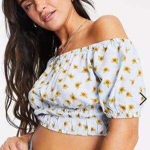 Monki Nellie off shoulder puff sleeve crop top in blue sunflower